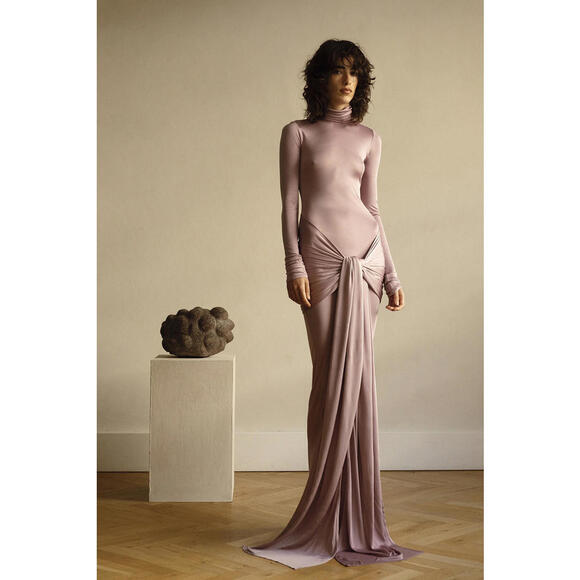 Helsa Dresses & Skirts - Helsa Slinky Jersey Ruched Sarong Maxi Dress Turtleneck Long purple Sz L $398